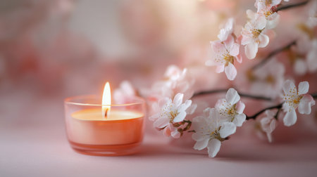 A serene setting features a glowing candle flanked by beautiful cherry blossom flowers. The soft pink backdrop enhances the tranquil ambiance, creating a peaceful and calming atmosphere.の素材