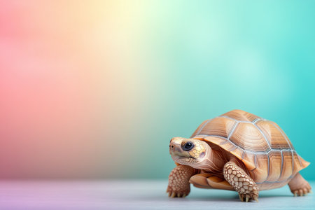 A tortoise rests calmly on the ground, showing its textured shell and distinct facial features. The lush greenery provides a tranquil backdrop, enhancing the scenes peacefulness.の素材