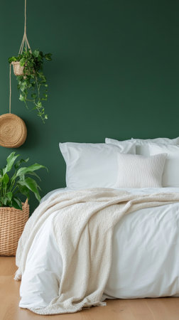 A serene bedroom featuring a comfortable bed with white lines and accent pillows. Natural elements like plants and woven decor enhance the cozy atmosphere.の素材