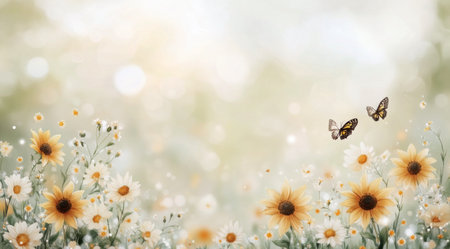 Bright sunflowers stand tall in a lush garden while colorful butterflies flutter gracefully around them. The soft light creates a peaceful and vibrant scene filled with life and beauty.の素材