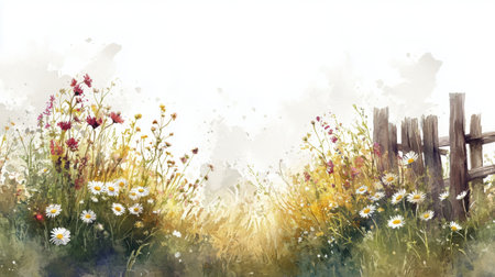 Vibrant wildflowers in various colors grow abundantly along a rustic wooden fence in a sunlit field, creating a serene and cheerful atmosphere. The scene captures the beauty of nature.の素材