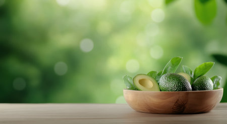 A bowl filled with fresh avocados sits on a wooden table. The green background features soft bokeh, highlighting the vibrant color of the avocados. This captures a serene and healthy atmosphere.の素材