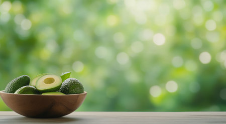 A bowl filled with fresh avocados sits on a wooden table. The green background features soft bokeh, highlighting the vibrant color of the avocados. This captures a serene and healthy atmosphere.の素材
