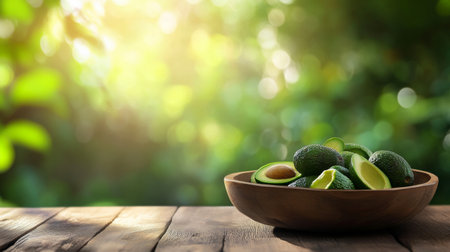 Bright sunlight filters through lush foliage, highlighting a wooden bowl filled with fresh green avocados on a rustic table. The tranquil atmosphere invites enjoyment of the healthy produce.の素材
