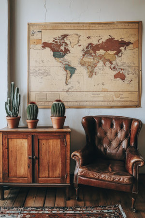 A rustic room features a comfortable brown leather armchair beside a wooden cabinet. Potted plants add a touch of greenery, creating a warm and inviting atmosphere.の素材