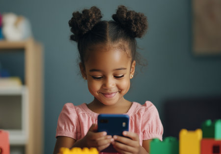 A young girl with two curly pigtails is happily engaged with her smartphone as she sits in a playroom filled with colorful building blocks.の素材
