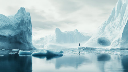 Towering ice formations rise from calm waters, their surfaces glistening under soft morning light. Fog blankets the scene, creating a serene and mystical atmosphere.の素材