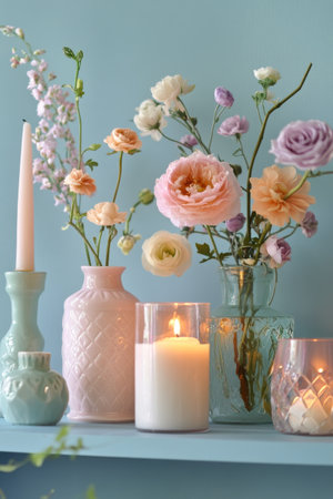 Delicate flowers in various pastel shades are arranged in elegant vases alongside candles. The soft blue background enhances the serene atmosphere, creating a charming decor setting.の素材