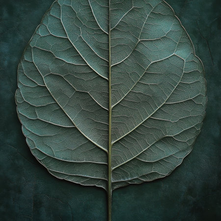 A close up view of a dark green leaf reveals its striking vein patterns and textures. The natural design highlights the beauty of foliage and the complexity of plant life.の素材
