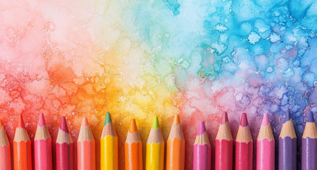 A row of colorful pencils displayed on a table, with bright paint splatters in the background. The artistic setup suggests a creative environment and invites inspiration.の素材