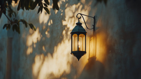 A beautifully designed metal lantern hangs on a textured wall, casting detailed shadows. Sunlight filters through foliage, creating a serene atmosphere in the late afternoon.の素材