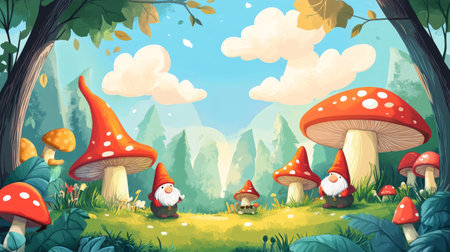Four cheerful gnomes with colorful hats stand in a lush garden filled with bright mushrooms and blooming flowers under a clear blue sky, creating a joyful atmosphere.の素材