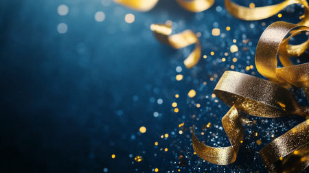 Colorful golden ribbons and shimmering confetti are scattered across a blue background, adding a joyful touch to a celebration or party. The vibrant scene captures excitement and festivity.の素材