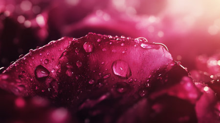 Delicate pink rose petals are scattered closely together on a smooth surface, glistening with tiny water droplets that enhance their soft texture and natural beauty.の素材