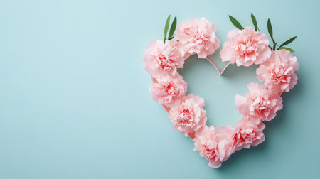 Delicate pink flowers are placed elegantly inside a heart shaped box. The soft blue background enhances the romantic and charming ambiance, making it perfect for gifts or decoration.の素材