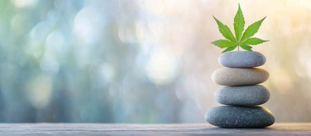 Smooth, round stones are carefully stacked in a calming arrangement, topped with fresh green leaves. This setup evokes a serene, peaceful atmosphere ideal for relaxation and mindfulness.の素材
