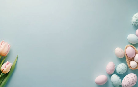 A delightful arrangement features pastel colored eggs, elegant flowers, and a cute bunny placed on a soft blue surface, evoking a festive spring atmosphere perfect for celebrations.の素材