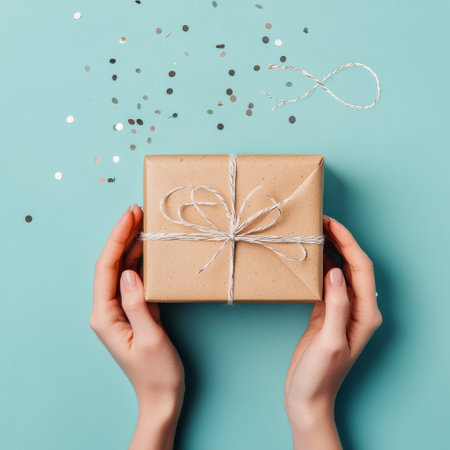 Two hands hold gently a neatly wrapped brown gift box secured with twine against a vibrant blue backdrop. Silver confetti adds a celebratory touch to the atmosphere.の素材