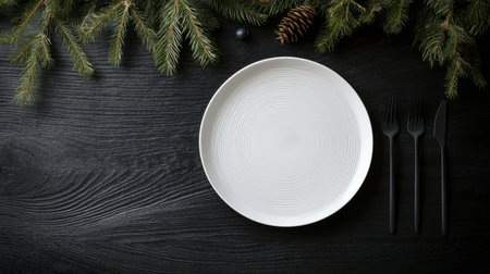 A minimalist white plate sits centered on a dark wooden table, accompanied by black utensils. Pine branches and a pine cone add a seasonal touch to the sophisticated arrangement.の素材