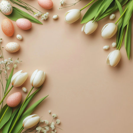Pastel tulips in soft yellow are placed alongside decorated eggs in shades of light blue and white. These elements are arranged on a soft beige background, perfect for spring festivities.の素材