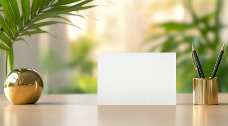 Two vibrant indoor plants are placed on a contemporary table, with a blank card ready for notes or messages. Natural light illuminates the green leaves, creating a tranquil atmosphere.の素材