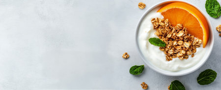 A breakfast bowl features creamy yogurt topped with crunchy granola alongside fresh orange slices and mint leaves. The simple yet refreshing arrangement promotes a healthy lifestyle.の素材