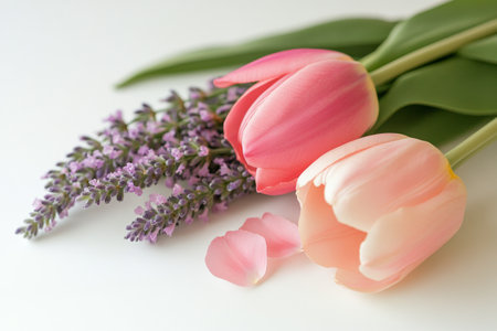 Pink tulips are clustered together with sprigs of lavender on a light, textured surface, surrounded by scattered petals, creating a serene and elegant display suitable for various occasions.の素材