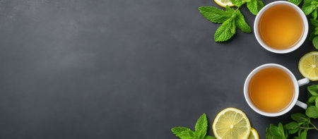 Two cups of herbal tea sit beside wedges of lemon and fresh mint leaves on a dark wooden background. The warm beverage and vibrant ingredients create an inviting atmosphere.の素材