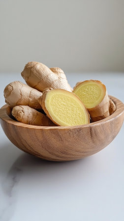 Fresh ginger roots are arranged in a wooden bowl, with some slices revealing the yellow interior. The bowl rests on a smooth marble surface, illuminated by soft, natural light.の素材