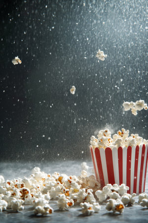 A striped paper bag holds freshly popped popcorn, with pieces spilling onto a light colored textured surface. This cozy setting is perfect for enjoying snacks during a film.の素材