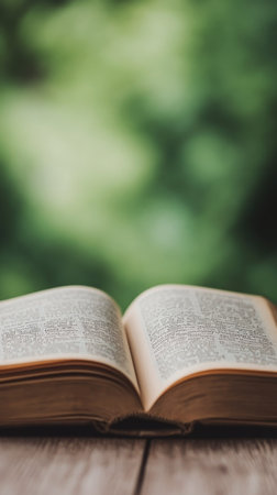 An open book is placed on a rustic wooden surface. The pages are slightly yellowed, showing signs of age, while soft lighting enhances the natural textures of the wood and paper.の素材