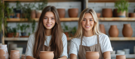 Two young women smile while working on pottery in a well organized studio filled with clay pots and tools. The relaxed atmosphere highlights their creativity and collaboration in art.の素材