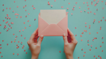 Hands hold a pink envelope above a vibrant turquoise surface sprinkled with colorful confetti. The festive atmosphere suggests a joyful occasion like a birthday or party.の素材