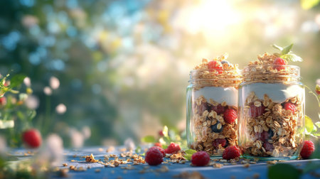 Two jars filled with layers of yogurt, granola, and fresh berries are placed on a wooden stump in a sunny garden.の素材