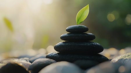 Stacked smooth black stones are arranged neatly, with green leaves sprouting from the top stone. The soft light of twilight creates a serene atmosphere, evoking feelings of tranquility and harmony.の素材