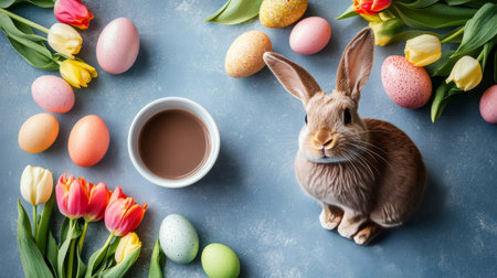 Decorative eggs are arranged alongside colorful tulips and white flowers on a blue surface. Various crafting items are placed nearby, suggesting spring festivities and creativity.の素材