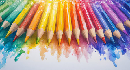 A row of colorful pencils displayed on a table, with bright paint splatters in the background. The artistic setup suggests a creative environment and invites inspiration.の素材