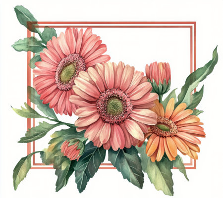 Three vibrant orange gerbera daisies are displayed, showcasing their textured petals and central disc. Dark green leaves complement the flowers, framed in a soft red outline, enhancing their beauty.の素材