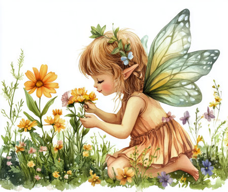 A young fairy with sparkling wings kneels in a vibrant flower garden. She gently examines a daisy, surrounded by colorful blossoms and lush greenery under bright sunlight.の素材