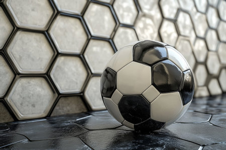 A black and white soccer ball is placed on a dark surface, leaning against a creative hexagonal wall design in a contemporary indoor space, showing casing sporty decor.の素材