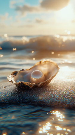 An open oyster revealing a lustrous pearl rests gently on wet sand as gentle waves lap around it. The sun sets in the background, casting a warm glow over the scene.の素材