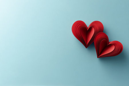 Two intricately designed red paper hearts sit side by side on a soft light blue background, creating a warm and inviting atmosphere. The craftsmanship highlights the curves and depths of love.の素材