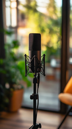A microphone stands prominently in a well lit living room, surrounded by greenery outside. Cushions on a couch add comfort to the inviting atmosphere, perfect for recording.の素材