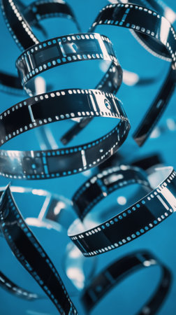 Several film reels twist and float in the air with a vivid blue background. Light reflects off the surfaces, creating an artistic display of motion and nostalgia for cinema.の素材