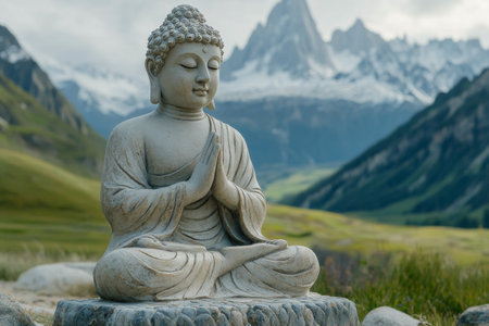 A tranquil Buddha statue sits cross legged amidst open grasslands, surrounded by majestic mountains under a cloudy sky. Natures beauty complements this peaceful setting.の素材