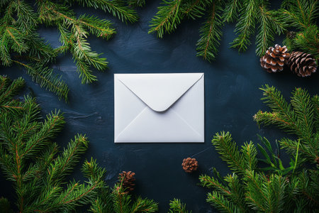 A white envelope is framed by fresh pine branches and rustic pine cones, creating a cozy and festive atmosphere perfect for holiday greetings and celebrations during winter.の素材