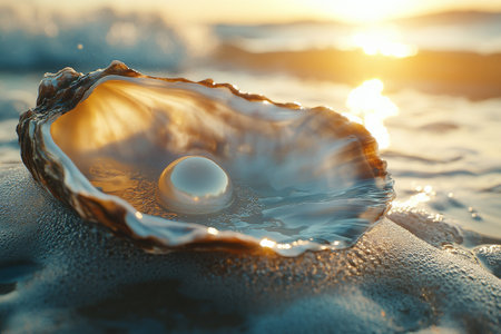 A stunning sunset casts a warm glow over a sandy beach where an oyster rests open, showcasing a beautiful pearl inside. Gentle waves lapping at the shore enhance the serene atmosphere.の素材