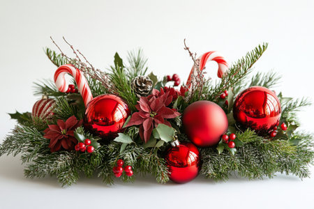 A vibrant holiday centerpiece features red ornaments, candy canes, and pinecones surrounded by greenery. The arrangement is designed for seasonal celebrations and adds festive cheer to any space.の素材