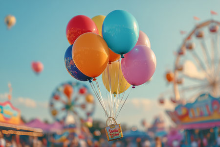 A collection of vibrant balloons in pastel colors stands prominently in the foreground.の素材