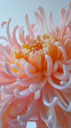 A young woman gently holds a large, peach colored flower near her face, with soft lighting enhancing her features. The background is blurred, highlighting the serene beauty of the moment.の素材